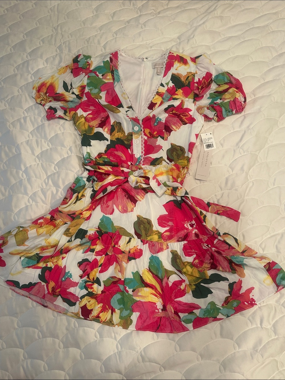 Adrianna Papell White Dress with Pink & Green Floral Print and Lace Trim
